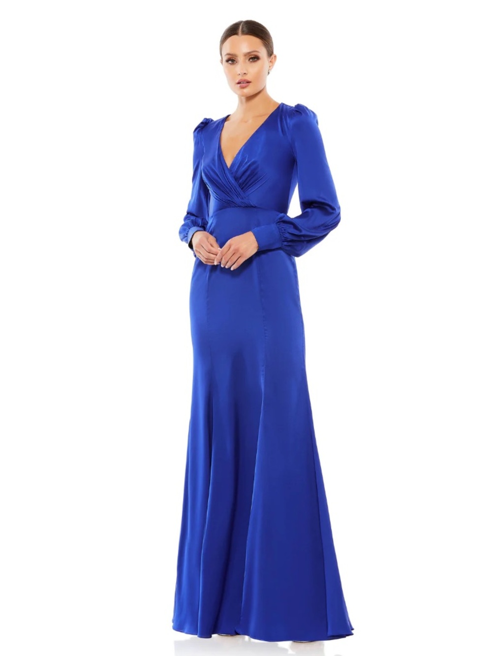 Mac Duggal Satin Royal Blue High Slit Dress with Bishop sleeves